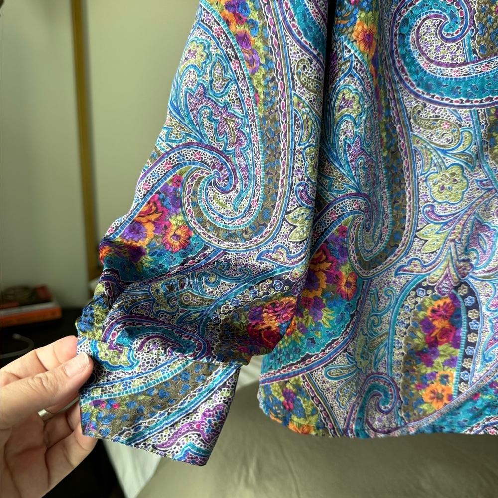 Vintage Paisley Button Up Blouse Purple Shirt M 10 Boho Office-Core 70s 80s 90s - Picture 4 of 5